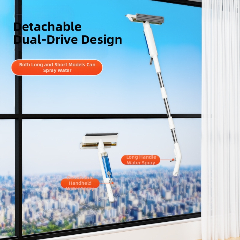 Трансграничен домакински инструмент за почистване на външни прозорци на високи сгради с воден спрей и вградена стъргалка, силно засмукващо двустранно устройство за почистване на стъкла