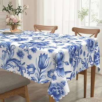 Елегантна синя флорална принтирана правоъгълна кръгла дантелена покривка за маса, водоустойчива, без пране, маслоустойчива, за масичка за кафе