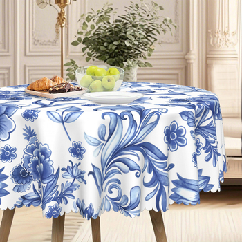 Елегантна синя флорална принтирана правоъгълна кръгла дантелена покривка за маса, водоустойчива, без пране, маслоустойчива, за масичка за кафе