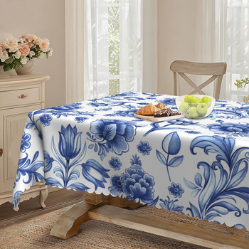 Елегантна синя флорална принтирана правоъгълна кръгла дантелена покривка за маса, водоустойчива, без пране, маслоустойчива, за масичка за кафе