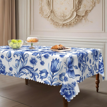 Елегантна синя флорална принтирана правоъгълна кръгла дантелена покривка за маса, водоустойчива, без пране, маслоустойчива, за масичка за кафе
