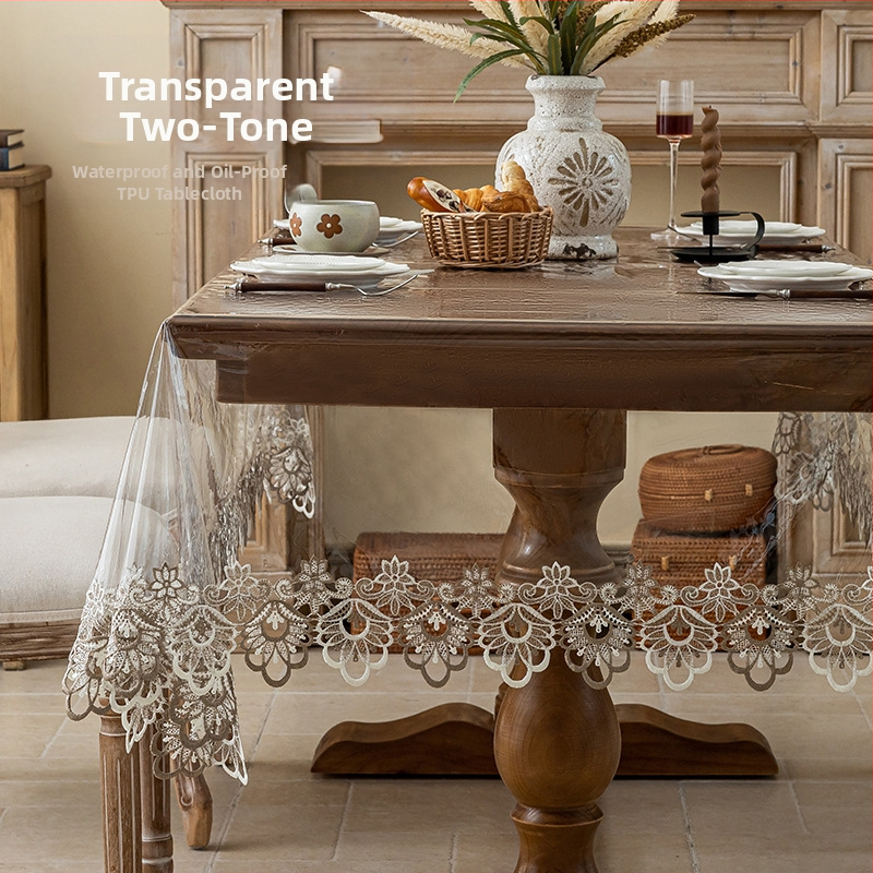Puha üvegből készült, könnyű, luxus, csúcskategóriás asztalszőnyeg, dohányzóasztal-szőnyeg, hangulatos, csipke, átlátszó, csipke terítő, vízálló és olajálló, mosásmentes