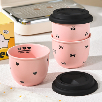 Mielas mini kavos puodelis, mažos talpos šaltas gėrimas, rožinis vandens puodelis mergaitėms, keraminis rankinis puodelis su dangteliu, mielas vėduoklė