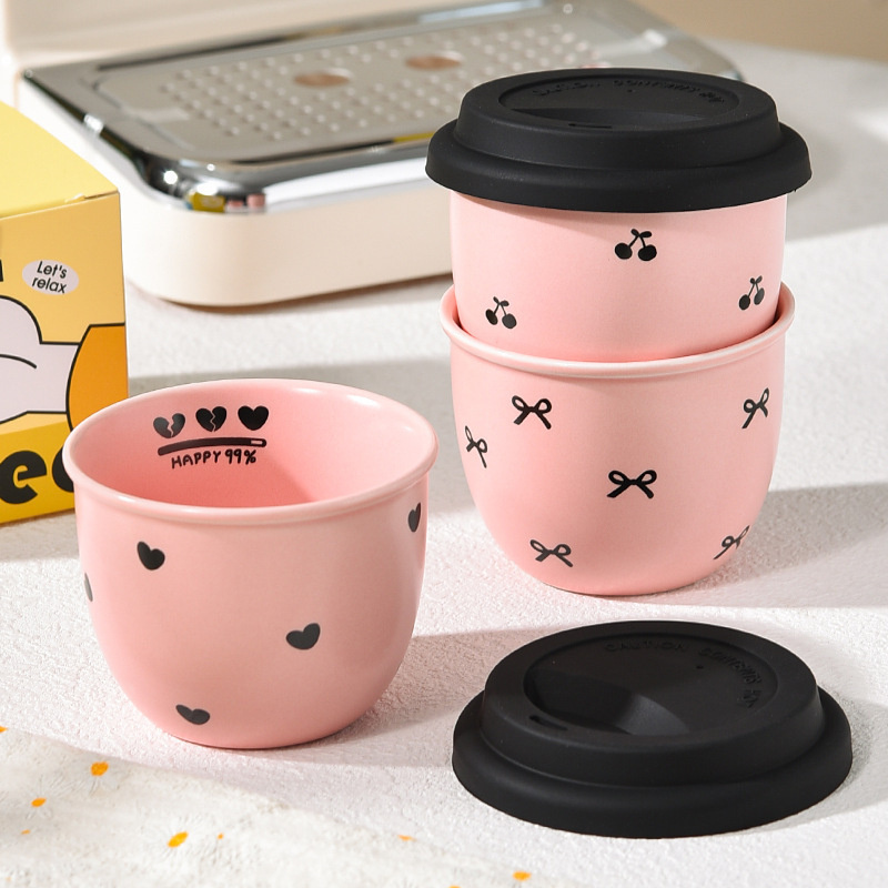 Mielas mini kavos puodelis, mažos talpos šaltas gėrimas, rožinis vandens puodelis mergaitėms, keraminis rankinis puodelis su dangteliu, mielas vėduoklė