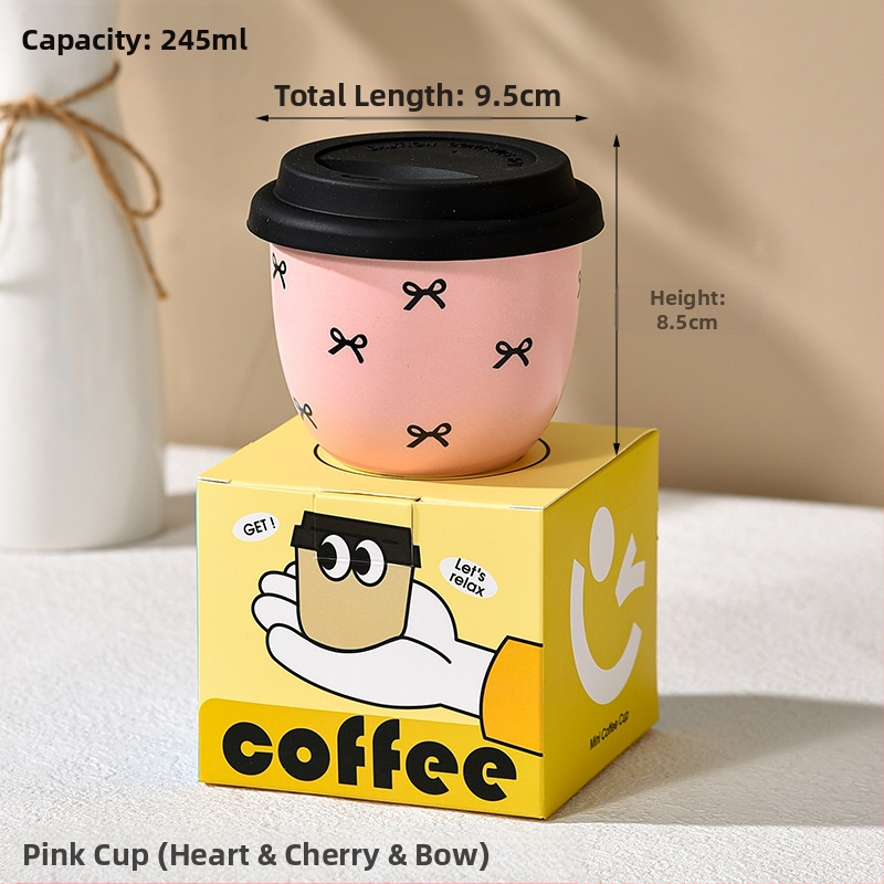 Mielas mini kavos puodelis, mažos talpos šaltas gėrimas, rožinis vandens puodelis mergaitėms, keraminis rankinis puodelis su dangteliu, mielas vėduoklė