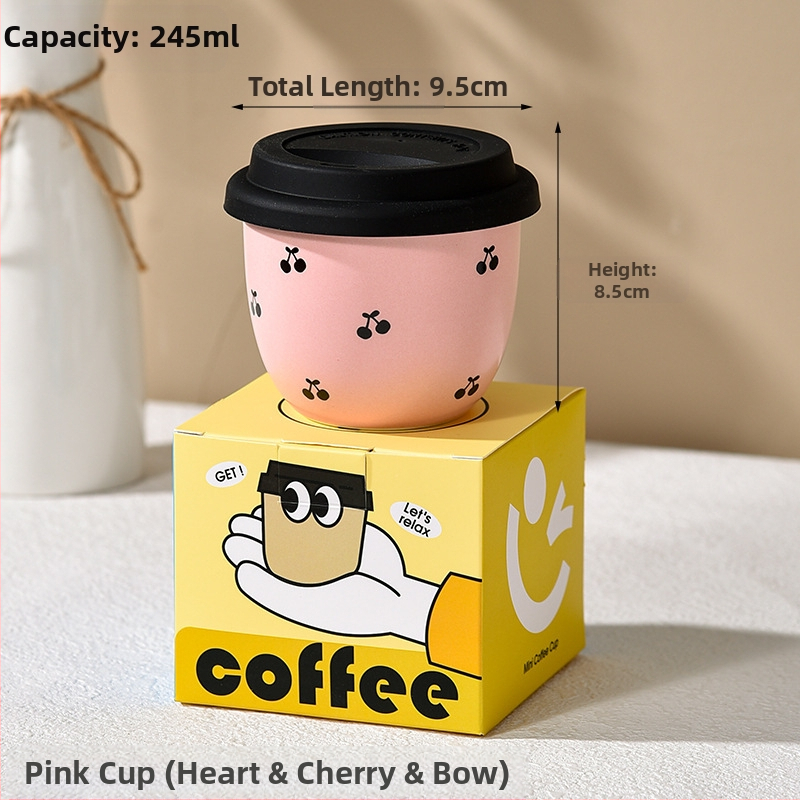 Mielas mini kavos puodelis, mažos talpos šaltas gėrimas, rožinis vandens puodelis mergaitėms, keraminis rankinis puodelis su dangteliu, mielas vėduoklė