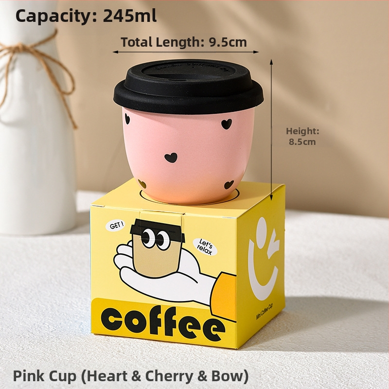 Mielas mini kavos puodelis, mažos talpos šaltas gėrimas, rožinis vandens puodelis mergaitėms, keraminis rankinis puodelis su dangteliu, mielas vėduoklė