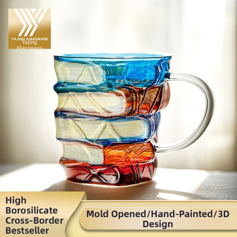 Piiriülene uus ja populaarne majapidamises kasutatav uudne kohvitass, kõrge borosilikaatklaasist tass, käsitsi maalitud virnastatud raamatukruus