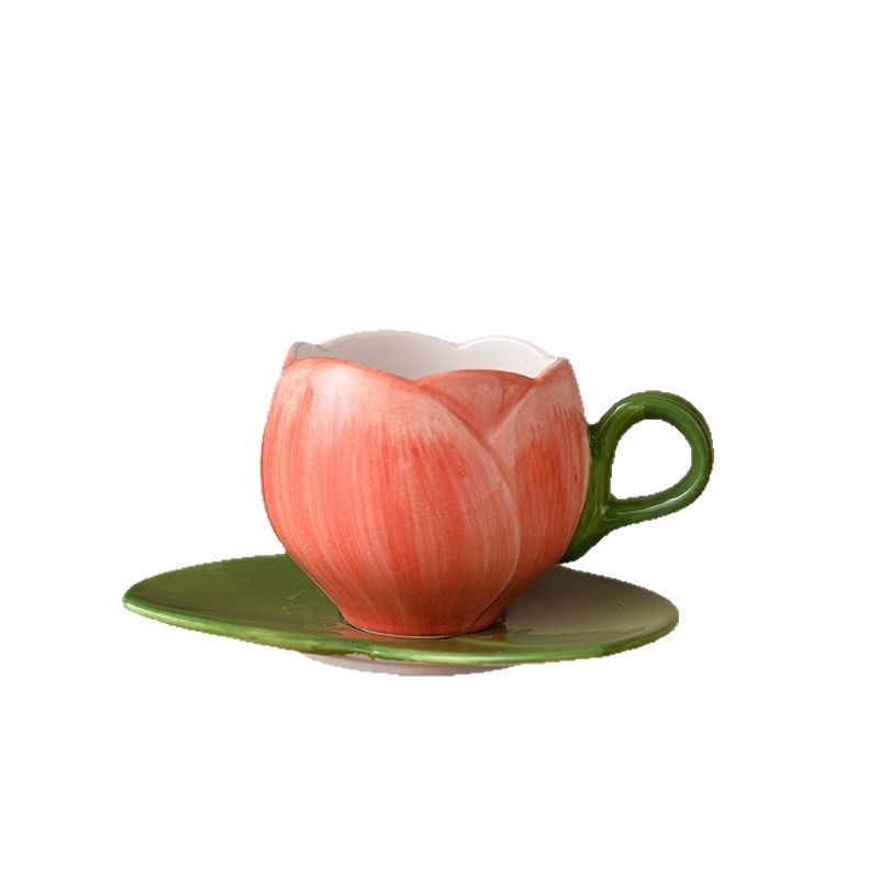 Vintage käsitsi maalitud glasuurialune tulbilillekujuline kohvitass, alustass, tõmmatav lilletass, pärastlõunane tass, niši kingitus