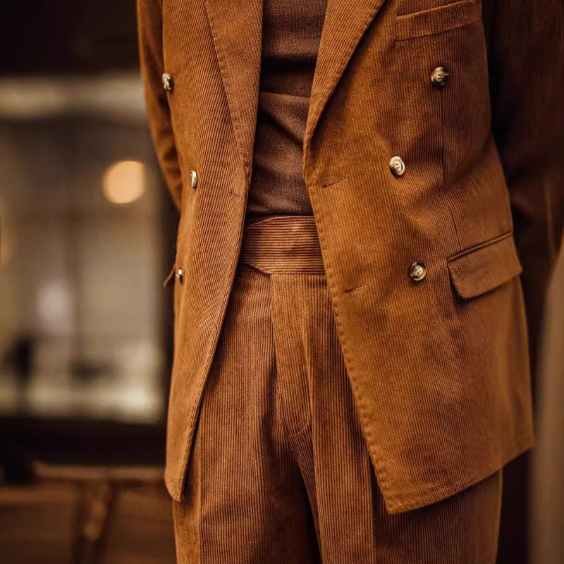 Férfi kordbársony western nadrág, őszi-téli, laza, lezser, magas derekú, egyenes szabású öltönynadrág