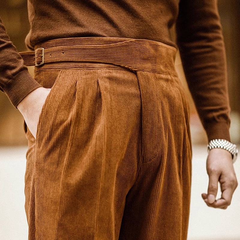 Férfi kordbársony western nadrág, őszi-téli, laza, lezser, magas derekú, egyenes szabású öltönynadrág