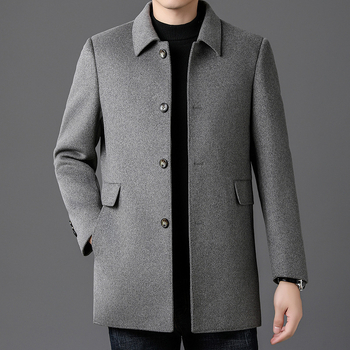 Žiemos vyriška vilnonė pūkinė striukė, vidutinio ilgio, jaunimui ir vidutinio amžiaus žmonėms, šilta palaidinė su atvartu, vienaeilis.