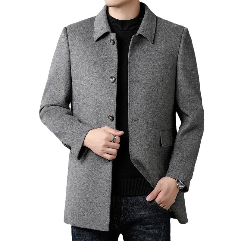 Žiemos vyriška vilnonė pūkinė striukė, vidutinio ilgio, jaunimui ir vidutinio amžiaus žmonėms, šilta palaidinė su atvartu, vienaeilis.