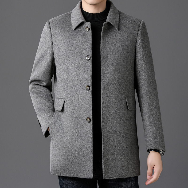 Žiemos vyriška vilnonė pūkinė striukė, vidutinio ilgio, jaunimui ir vidutinio amžiaus žmonėms, šilta palaidinė su atvartu, vienaeilis.