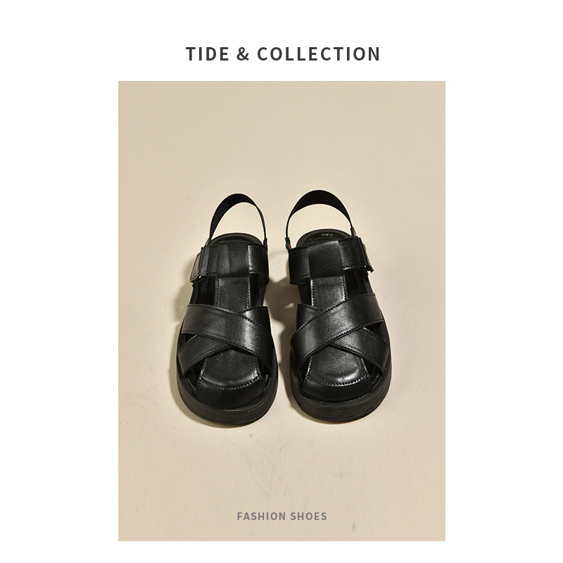 Sandale romane țesute Baotou pentru femei, îmbrăcăminte de vară exterioară 2024, stil nou de zână, cu fund plat, pantofi fierbinți cu colivie de porc, potriviți