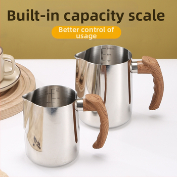 Ceașcă de cafea Latte Art din oțel inoxidabil certificat transfrontalier FCM, cu mâner din lemn, cu scală interioară, cilindru Latte Art cu gură îngroșată și ascuțită, în stoc
