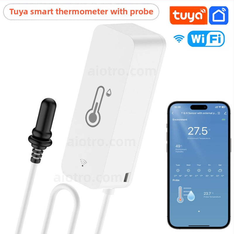„Tuya“ išmanusis temperatūros ir drėgmės jutiklis, vidinis „Wifi“ temperatūros jutiklis, mobiliojo telefono nuotolinio valdymo pultas su zondu