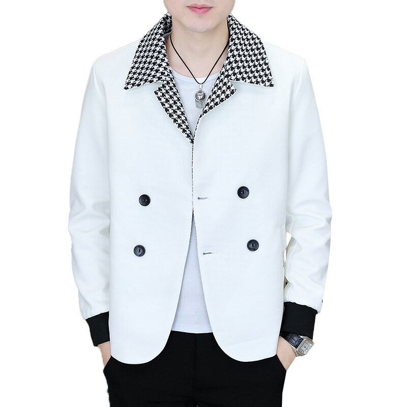 A tyúklábmintás férfi, ifjúsági, szabadidős, karcsúsított, kétsoros gombokkal ellátott, egyetlen termékből készült, koreai változatának határokon átnyúló ellátása.