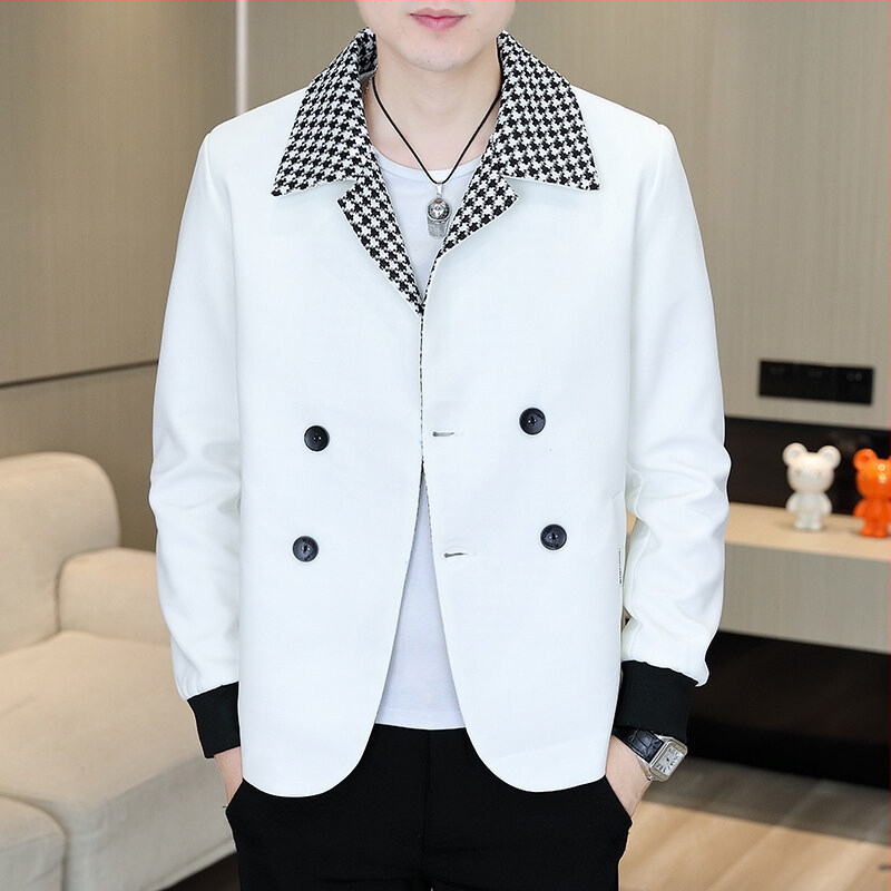 A tyúklábmintás férfi, ifjúsági, szabadidős, karcsúsított, kétsoros gombokkal ellátott, egyetlen termékből készült, koreai változatának határokon átnyúló ellátása.