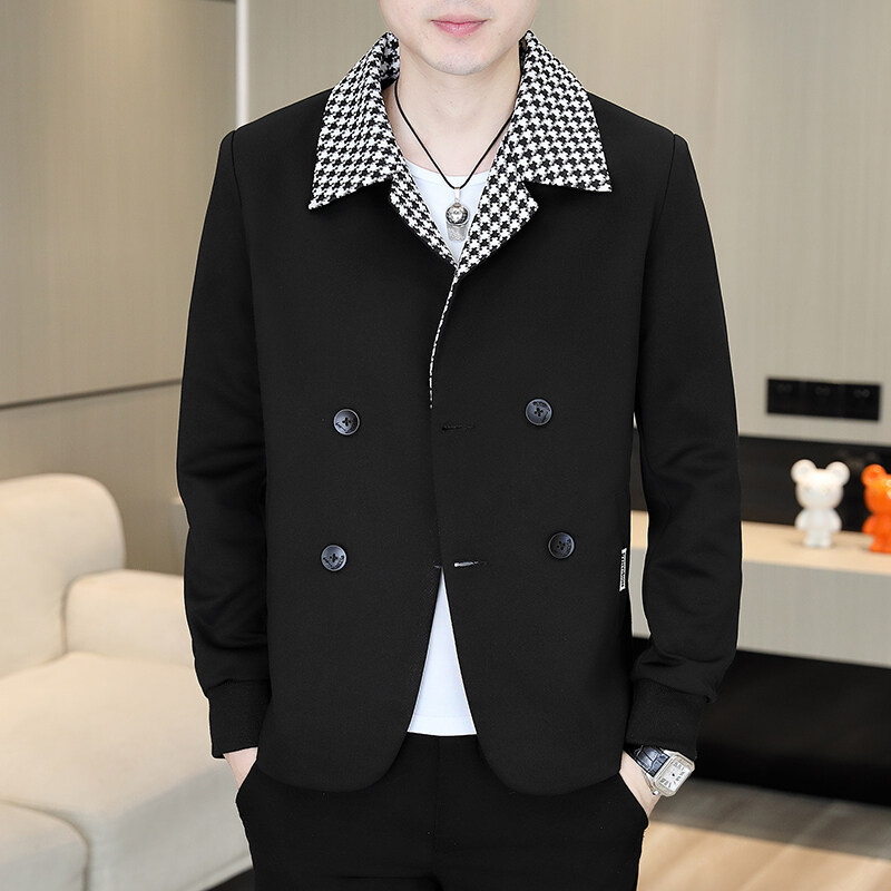 A tyúklábmintás férfi, ifjúsági, szabadidős, karcsúsított, kétsoros gombokkal ellátott, egyetlen termékből készült, koreai változatának határokon átnyúló ellátása.