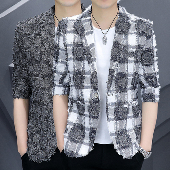 Мъжки летен костюм със среден ръкав, малък, в корейски стил, с тънък крой, пухкав, красив, с петточков ръкав, отличителен топ със седемточков ръкав, модерен