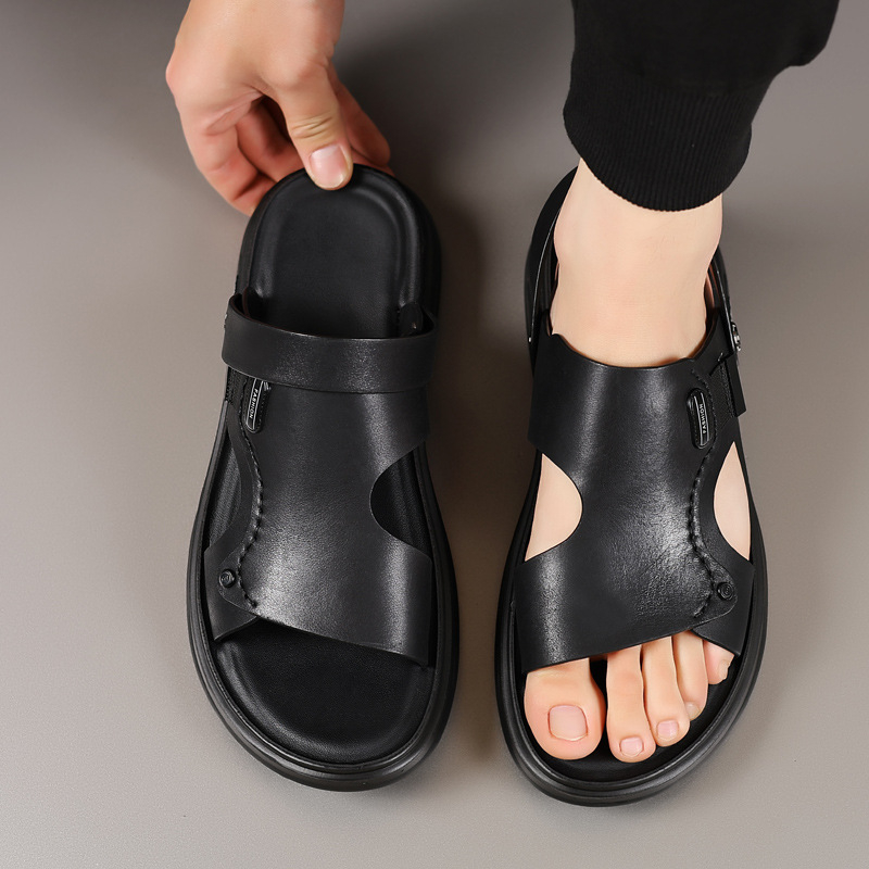 Pantofi de plajă pentru bărbați de vară din piele de vacă, primul strat, sandale din piele, papuci casual pentru bărbați din piele naturală, sandale respirabile, pantofi pentru bărbați