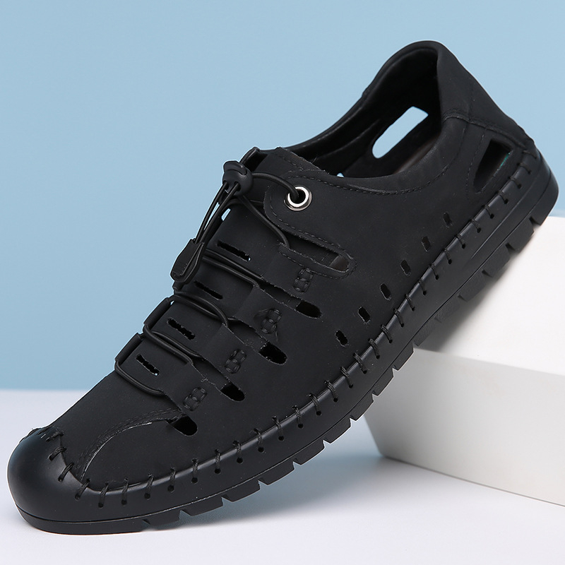 Sandale din piele pentru bărbați, vara 2024, lucrate manual, cu comerț exterior, talpă moale, ușoare, cu un singur strat, pentru bărbați tineri