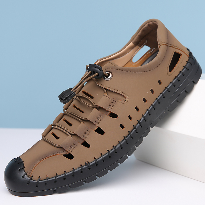 Sandale din piele pentru bărbați, vara 2024, lucrate manual, cu comerț exterior, talpă moale, ușoare, cu un singur strat, pentru bărbați tineri
