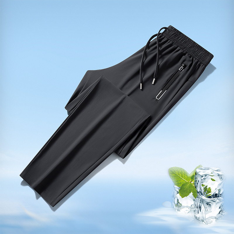 Pantaloni de mătase de gheață, pantaloni subțiri de vară pentru bărbați, 2025, noi, lejeri, cu nod la picioare, cu uscare rapidă, pantaloni casual drepți pentru bărbați de vară