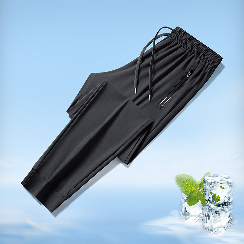 Pantaloni de mătase de gheață, pantaloni subțiri de vară pentru bărbați, 2025, noi, lejeri, cu nod la picioare, cu uscare rapidă, pantaloni casual drepți pentru bărbați de vară