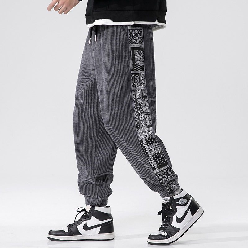 Pantaloni sport pentru bărbați, stil chinezesc, stil japonez, de dimensiuni mari, toamna și iarna 2025, stil național chinezesc, trend național, din catifea reiată, casual, pantaloni sport pentru bărbați