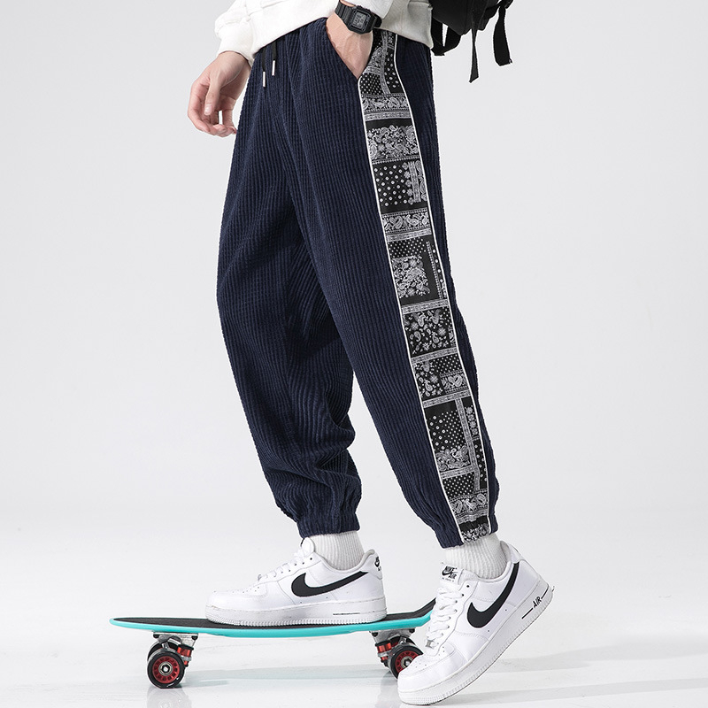 Pantaloni sport pentru bărbați, stil chinezesc, stil japonez, de dimensiuni mari, toamna și iarna 2025, stil național chinezesc, trend național, din catifea reiată, casual, pantaloni sport pentru bărbați