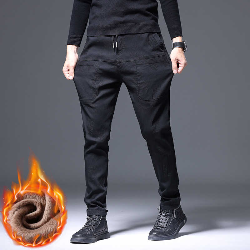 Őszi és téli gyapjúbéléssel ellátott, vastagított lezser nadrág, férfi nadrág, divatos márkájú, álcázó mintás, jacquard farmer, őszi és téli laza hosszú nadrág férfiaknak