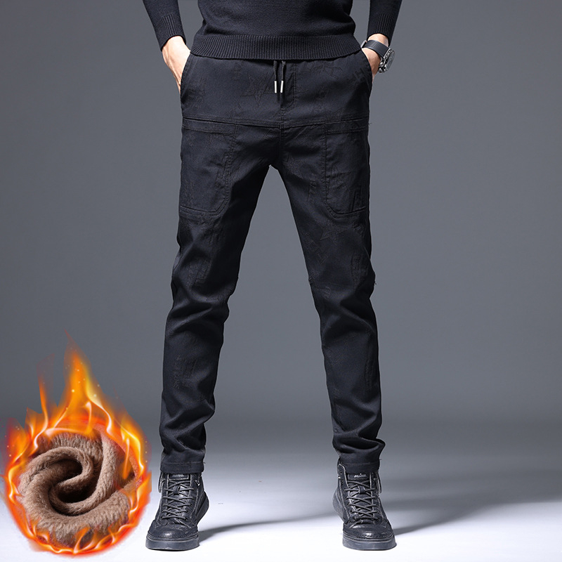 Őszi és téli gyapjúbéléssel ellátott, vastagított lezser nadrág, férfi nadrág, divatos márkájú, álcázó mintás, jacquard farmer, őszi és téli laza hosszú nadrág férfiaknak