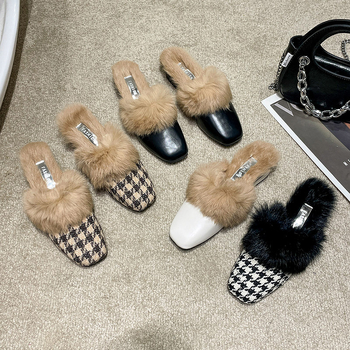 Hongkai ~ Korėjietiško stiliaus laisvalaikio šlepetės moterims 2023 rudens ir žiemos smailiomis nosimis uždaros šlepetės su pūkuotomis nosimis moteriški madingi viršutiniai drabužiai