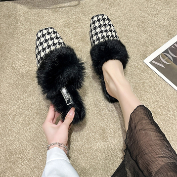 Hongkai ~ Korėjietiško stiliaus laisvalaikio šlepetės moterims 2023 rudens ir žiemos smailiomis nosimis uždaros šlepetės su pūkuotomis nosimis moteriški madingi viršutiniai drabužiai