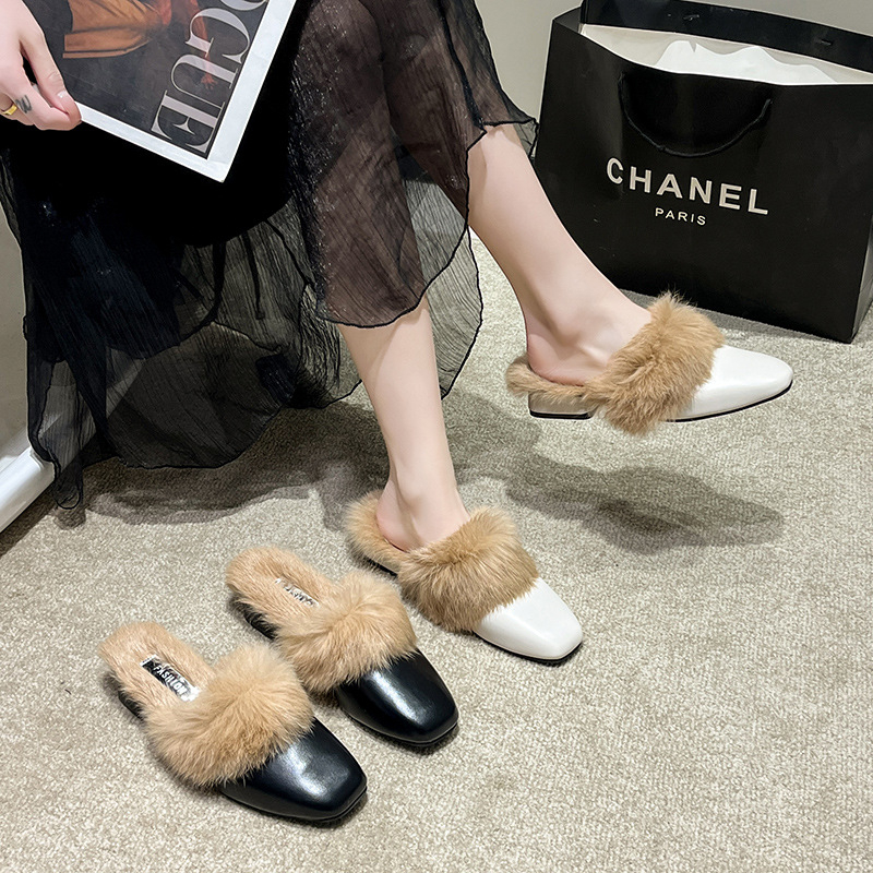 Hongkai ~ Korėjietiško stiliaus laisvalaikio šlepetės moterims 2023 rudens ir žiemos smailiomis nosimis uždaros šlepetės su pūkuotomis nosimis moteriški madingi viršutiniai drabužiai