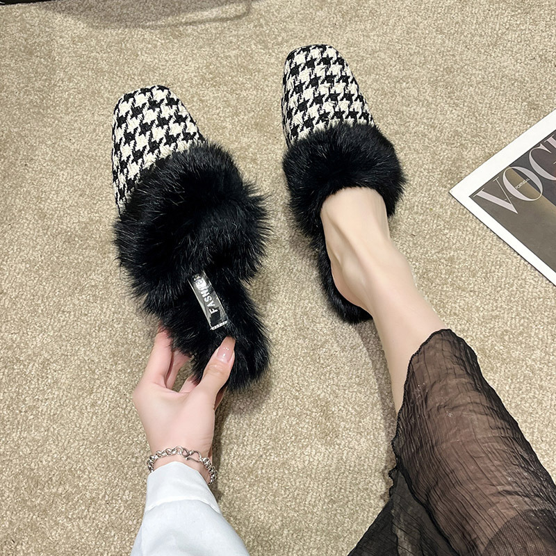 Hongkai ~ Korėjietiško stiliaus laisvalaikio šlepetės moterims 2023 rudens ir žiemos smailiomis nosimis uždaros šlepetės su pūkuotomis nosimis moteriški madingi viršutiniai drabužiai