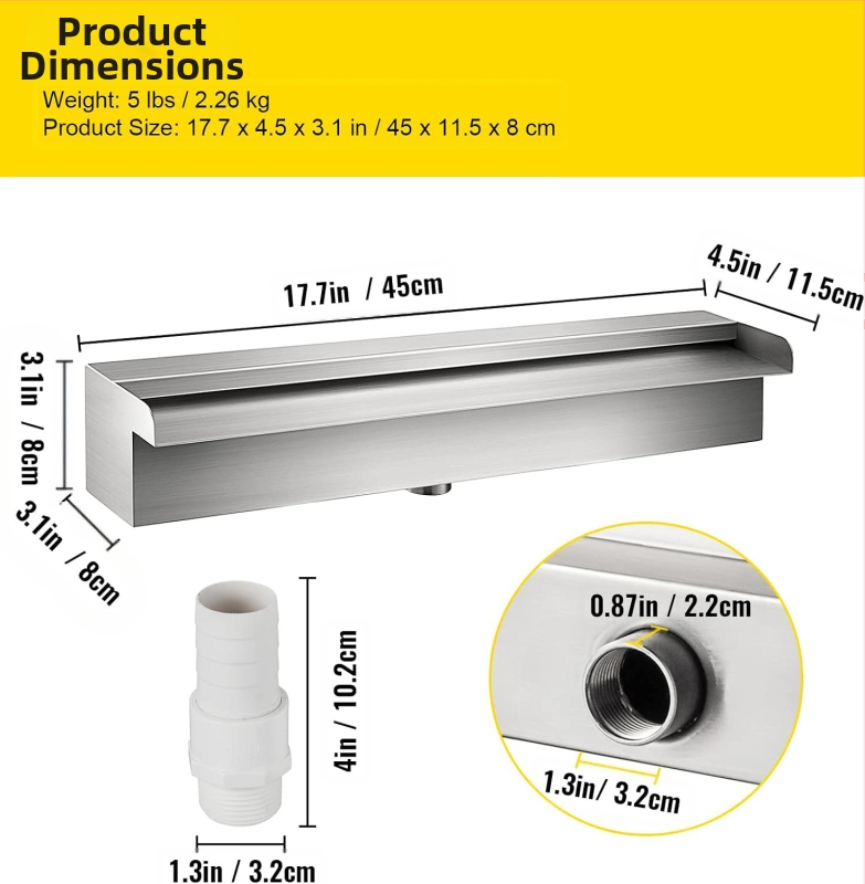 Tiesioginio gamyklinio tiekimo baseino fontanas iš nerūdijančio plieno, baseino krioklio perpildymo sistema su vamzdžių jungtimi, stačiakampis sodo lauko baseinas