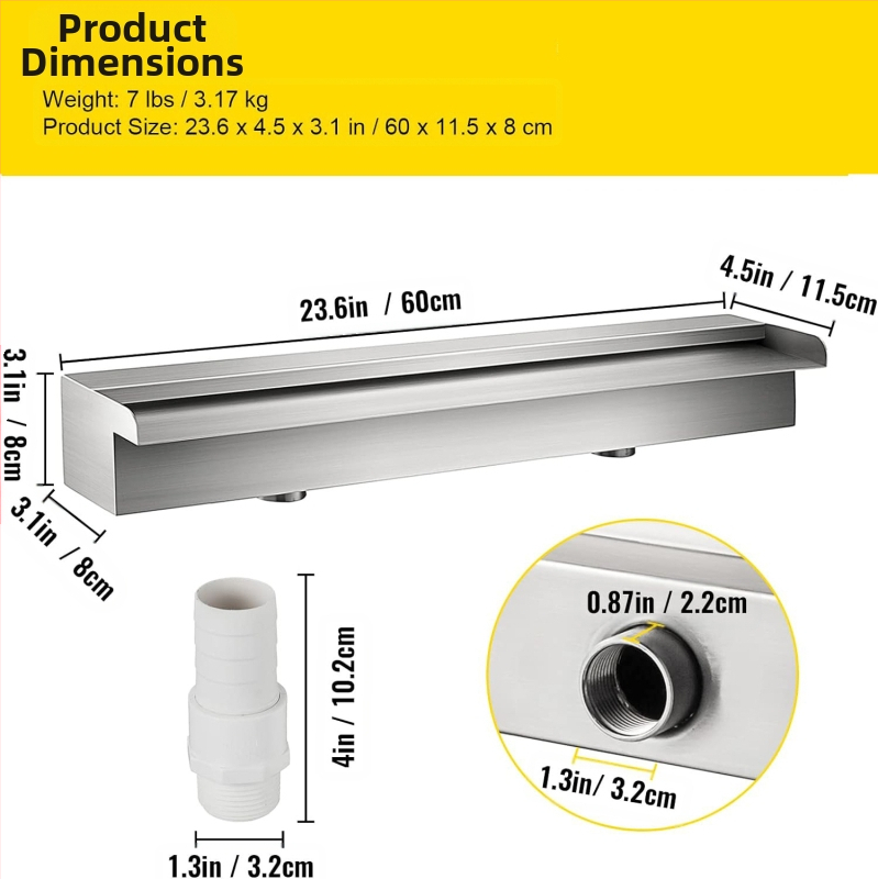 Tiesioginio gamyklinio tiekimo baseino fontanas iš nerūdijančio plieno, baseino krioklio perpildymo sistema su vamzdžių jungtimi, stačiakampis sodo lauko baseinas