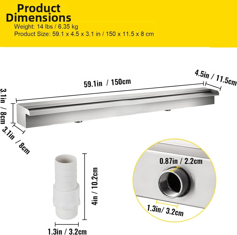 Tiesioginio gamyklinio tiekimo baseino fontanas iš nerūdijančio plieno, baseino krioklio perpildymo sistema su vamzdžių jungtimi, stačiakampis sodo lauko baseinas