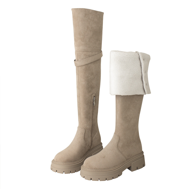 Kétrészes, bolyhos, magas sarkú csizma női velúr őszi-téli 2024-es új lovagcsizma vastag aljú cső térdig érő csizma