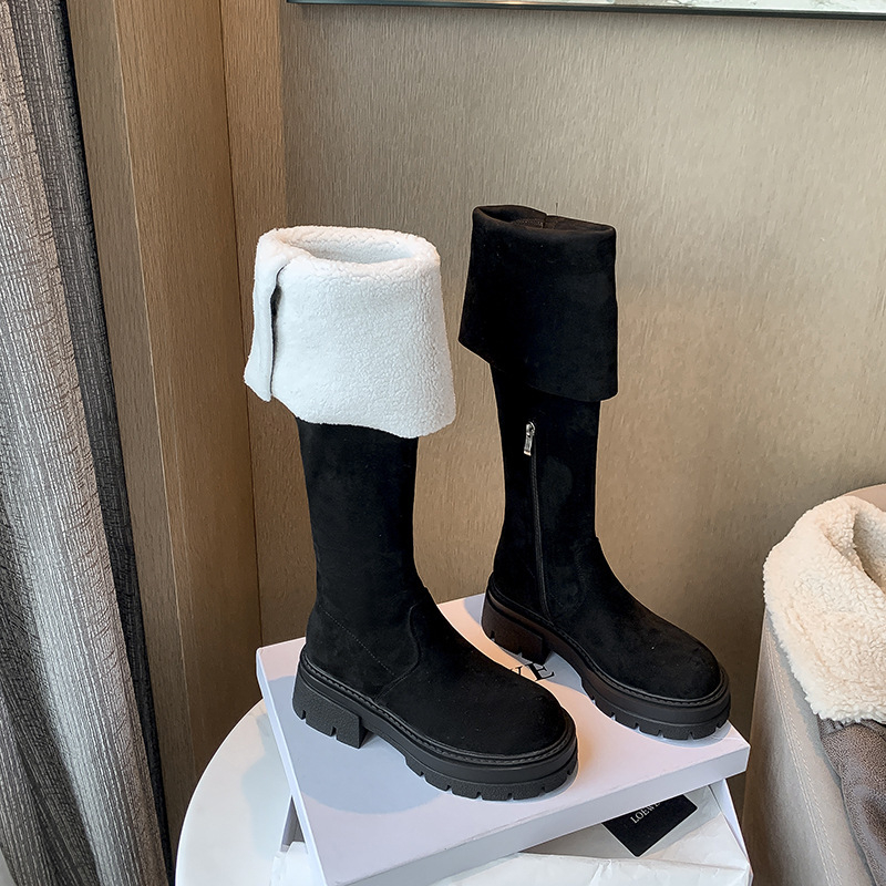 Kétrészes, bolyhos, magas sarkú csizma női velúr őszi-téli 2024-es új lovagcsizma vastag aljú cső térdig érő csizma