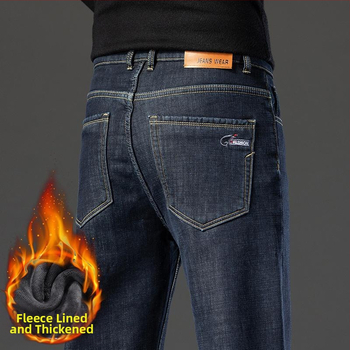 Téli, gyapjúbéléssel bélelt farmernadrág, férfi, laza, egyenes, rugalmas, meleg, férfi nadrág, 2024-es új, vastagított bársonyos, lezser nadrág