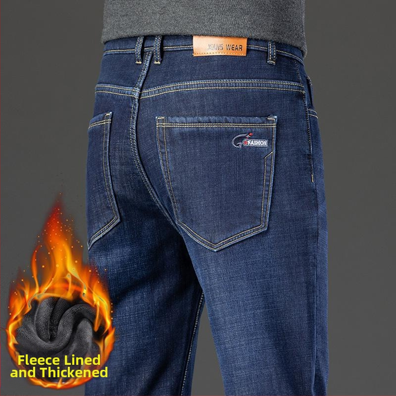 Zimné rifle s flísovou podšívkou, pánske voľné rovné elastické teplé pánske nohavice, nové zamatové zahustené ležérne nohavice z roku 2024