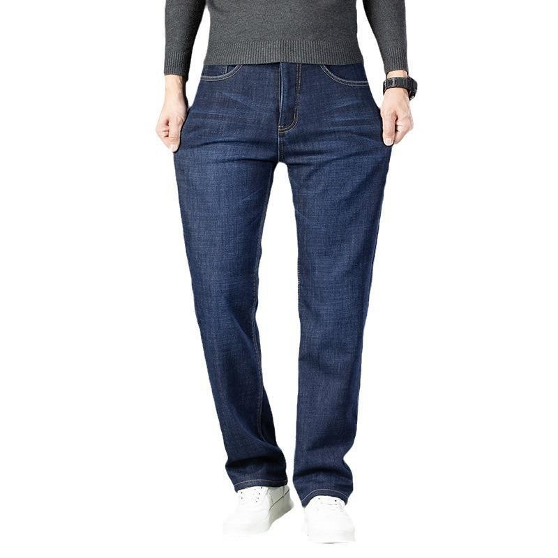 Téli, gyapjúbéléssel bélelt farmernadrág, férfi, laza, egyenes, rugalmas, meleg, férfi nadrág, 2024-es új, vastagított bársonyos, lezser nadrág