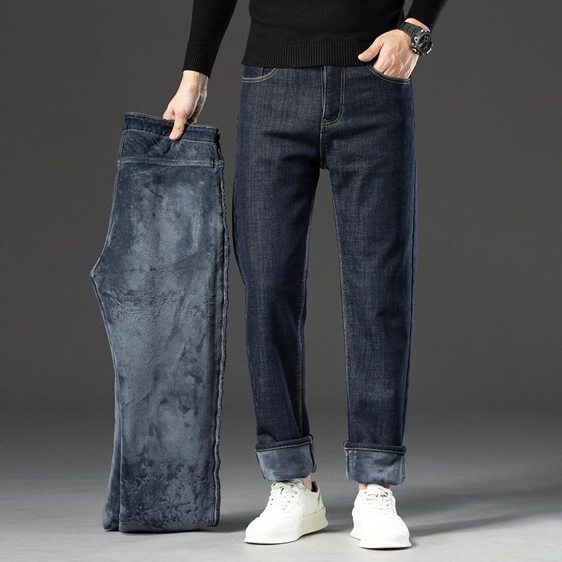 Téli, gyapjúbéléssel bélelt farmernadrág, férfi, laza, egyenes, rugalmas, meleg, férfi nadrág, 2024-es új, vastagított bársonyos, lezser nadrág