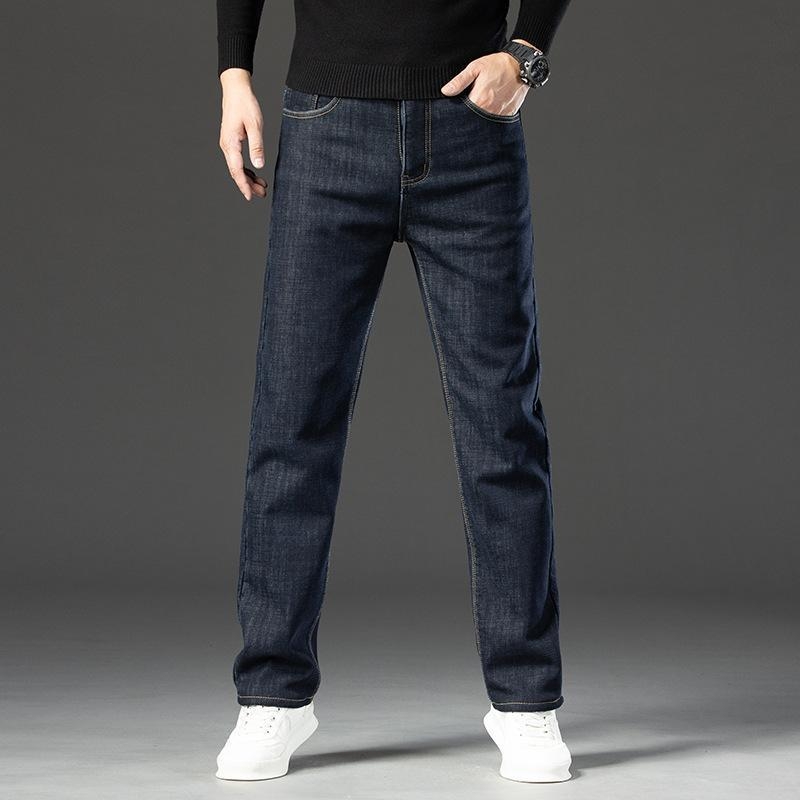 Téli, gyapjúbéléssel bélelt farmernadrág, férfi, laza, egyenes, rugalmas, meleg, férfi nadrág, 2024-es új, vastagított bársonyos, lezser nadrág