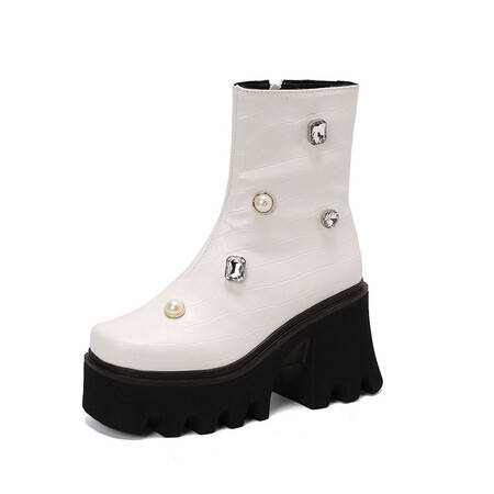 40-44 toamnă-iarnă retro stras nituri fund gros impermeabil platformă toc gros înalt cap pătrat cizme scurte pentru femei comerț exterior transfrontalier G348