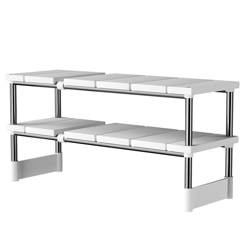 Kuchynský rozťahovací úložný stojan na drez, skrinka, laminovaný stojan, úložný priestor do kuchynskej skrinky, multifunkčný stojan na hrnce, úložná polica